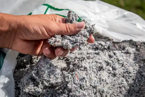 A person’s hand holding a piece of cellulose insulation for use in attic insulation services by Suburban Exterminating.