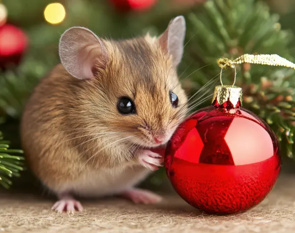 A Mouse and a Red Holiday Christmas Bulb