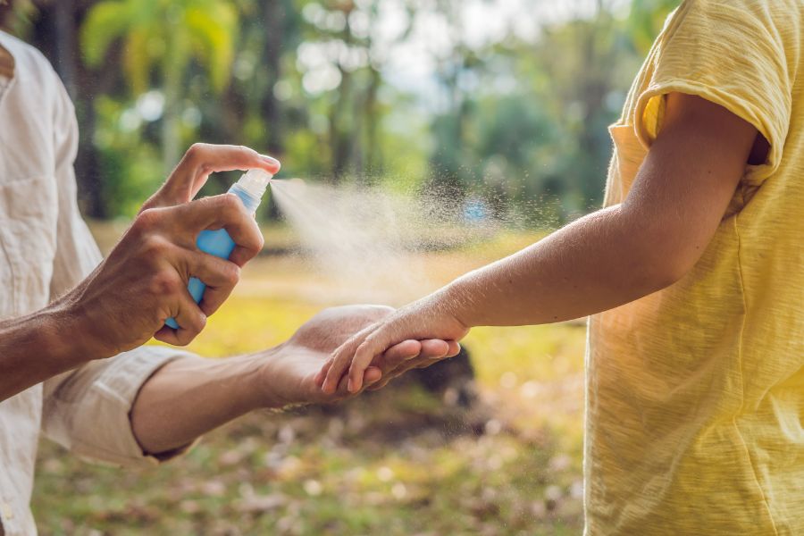 Adult spraying bug spray on child's arm